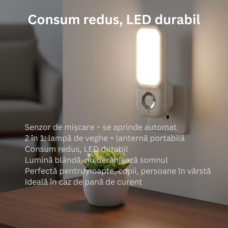 Lampă Veghe 2-în-1 cu Senzor de Mișcare și Lanternă Portabilă
