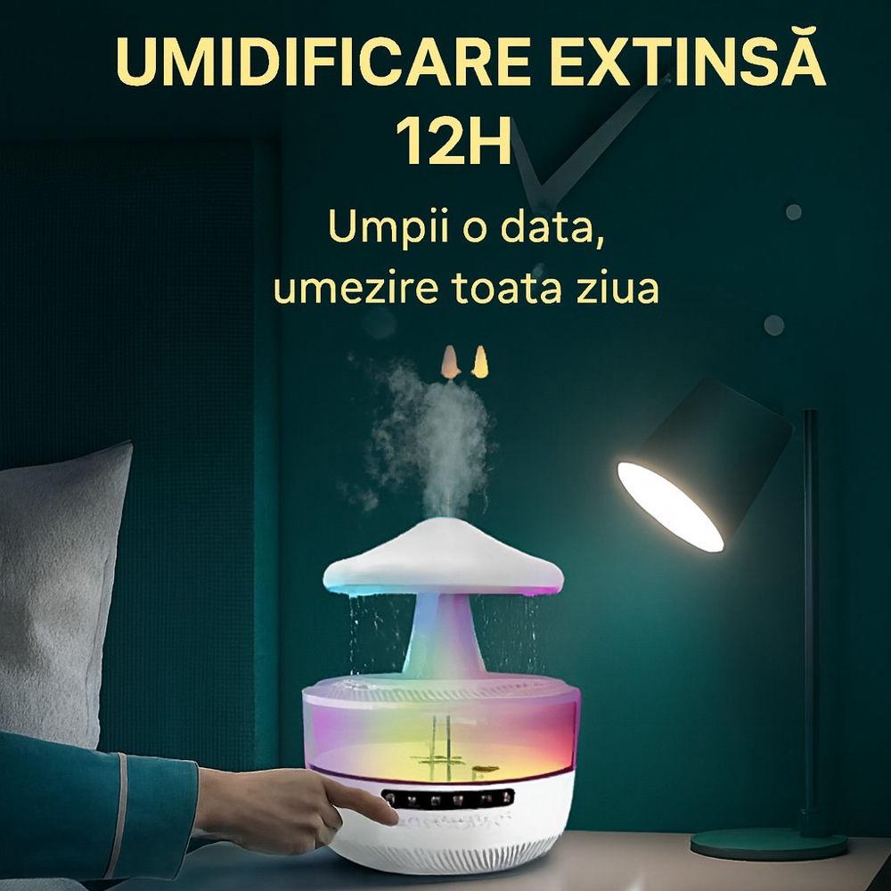 Umidificator și Difuzor Aromaterapie 3-in-1 cu Boxă Bluetooth și Efect de Ploaie