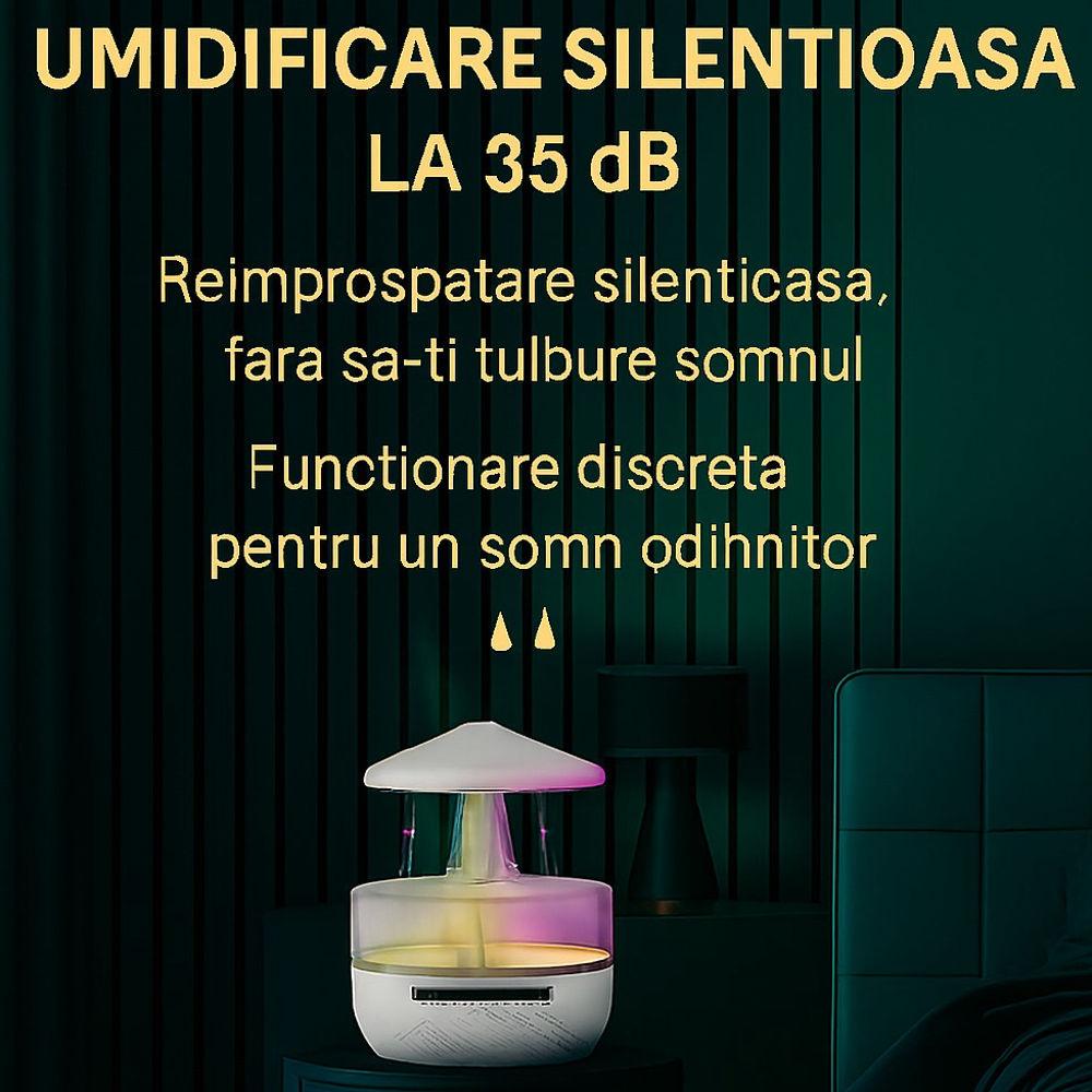 Umidificator și Difuzor Aromaterapie 3-in-1 cu Boxă Bluetooth și Efect de Ploaie