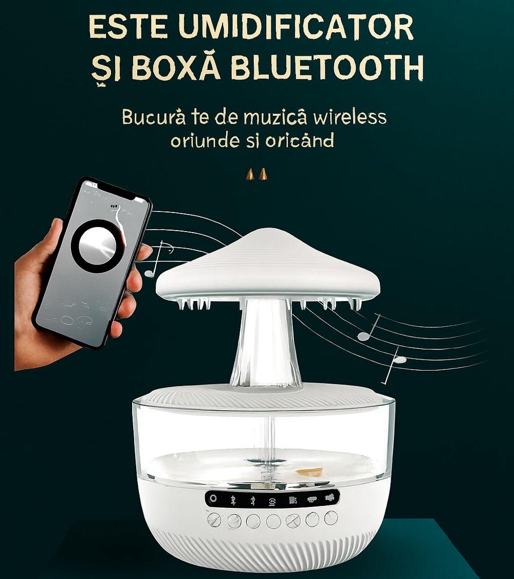 Umidificator și Difuzor Aromaterapie 3-in-1 cu Boxă Bluetooth și Efect de Ploaie