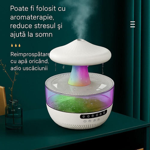 Umidificator și Difuzor Aromaterapie 3-in-1 cu Boxă Bluetooth și Efect de Ploaie