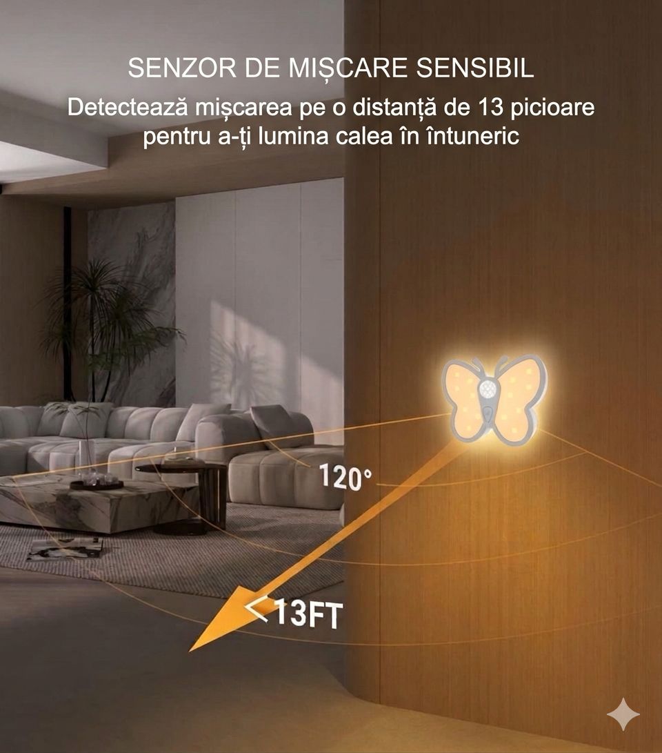 Lumină de Noapte Inteligentă în Formă de Fluture cu Senzor de Mișcare și Încărcare USB